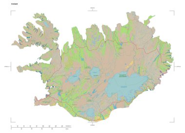 Bir topoğrafik, OSM Almanya tarzı İzlanda haritası, uzaklık ölçeği ve harita sınır koordinatları, beyaz üzerinde izole