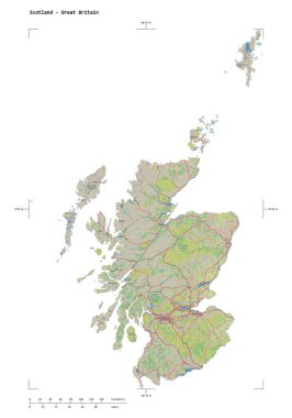 Bir topoğrafik şekli, OSM Almanya tarzı İskoçya haritası - Büyük Britanya, uzaklık ölçeği ve harita sınır koordinatları, beyaz üzerinde izole