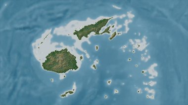 Fiji gölleri ve nehirleri olan soluk renkli bir yükseklik haritasında özetlenmiştir.