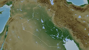 Irak, gölleri ve nehirleri olan açık renkli bir yükseklik haritasında özetlenmiştir.