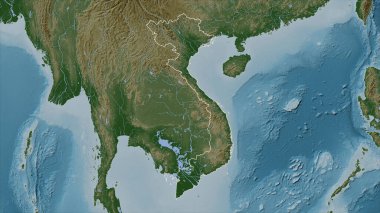 Vietnam, gölleri ve nehirleri olan açık renkli bir yükseklik haritasında özetlenmiştir.