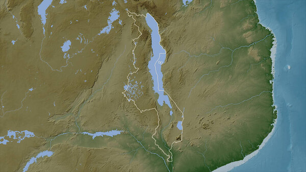 Malawi outlined on a Pale colored elevation map with lakes and rivers