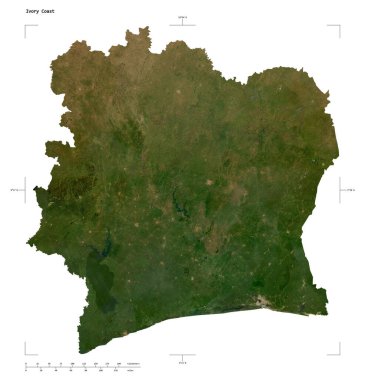 Fildişi Sahili 'nin düşük çözünürlüklü uydu haritasının şekli, uzaklık ölçeği ve harita sınır koordinatları, beyaz üzerinde izole edilmiş.