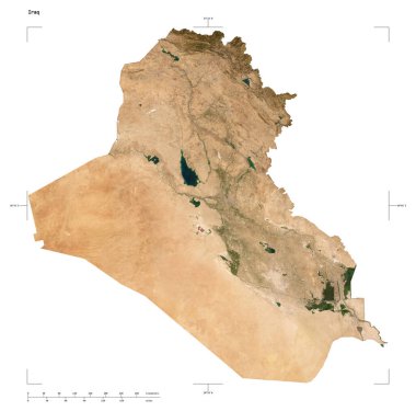 Irak 'ın düşük çözünürlüklü uydu haritasının şekli, uzaklık ölçeği ve harita sınır koordinatları, beyaz üzerinde izole edilmiş.
