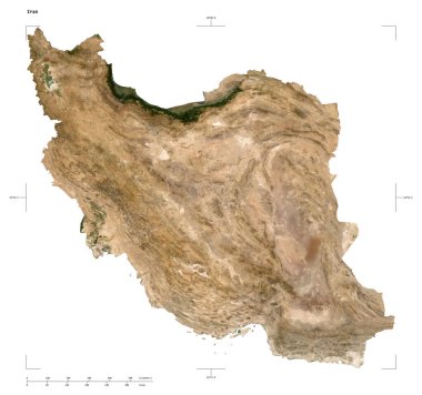 İran 'ın düşük çözünürlüklü uydu haritasının şekli, uzaklık ölçeği ve harita sınır koordinatları, beyaz üzerinde izole edilmiş.