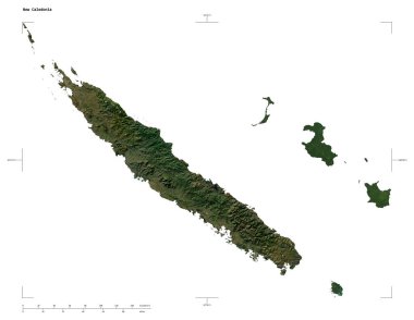 Yeni Kaledonya 'nın düşük çözünürlüklü uydu haritasının şekli, uzaklık ölçeği ve harita sınır koordinatlarıyla, beyaz üzerinde izole edilmiş.