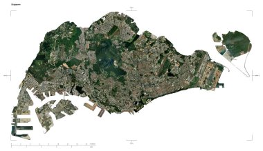 Singapur 'un düşük çözünürlüklü uydu haritasının şekli, uzaklık ölçeği ve harita sınır koordinatları, beyaz üzerinde izole edilmiş.