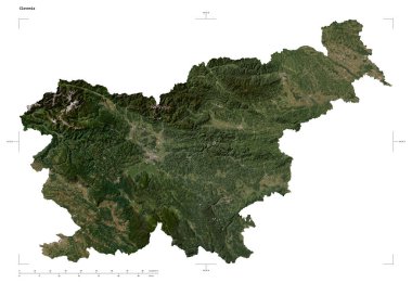 Slovenya 'nın düşük çözünürlüklü uydu haritasının şekli, uzaklık ölçeği ve harita sınır koordinatları beyaz üzerinde izole edilmiş