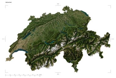 İsviçre 'nin düşük çözünürlüklü uydu haritasının şekli, uzaklık ölçeği ve harita sınır koordinatları, beyaz üzerinde izole edilmiş.