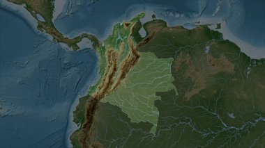 Kolombiya gölleri ve nehirleri olan açık renkli bir yükseklik haritasına vurgulandı