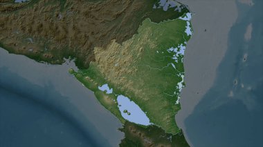 Nikaragua gölleri ve nehirleri olan açık renkli bir yükseklik haritasında vurgulandı