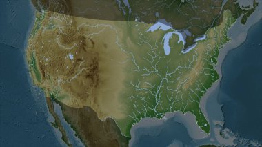 Amerika Birleşik Devletleri, gölleri ve nehirleri olan açık renkli bir yükseklik haritasında vurgulandı