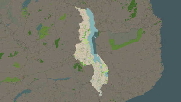 Malawi highlighted on a topographic, OSM France style map