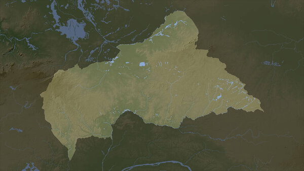 Central African Republic highlighted on a Pale colored elevation map with lakes and rivers