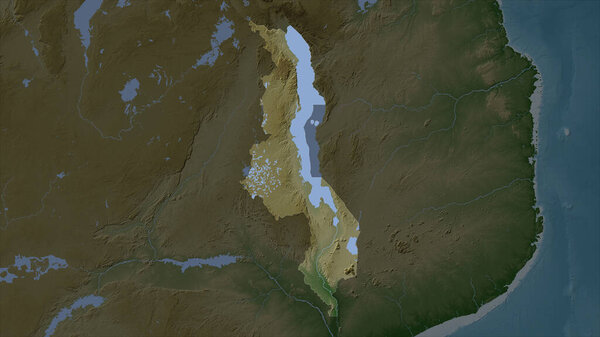 Malawi highlighted on a Pale colored elevation map with lakes and rivers