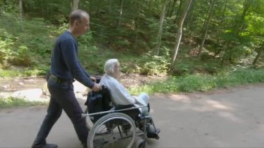 Parkta yürürken tekerlekli sandalyedeki adam ve yaşlı kadın.