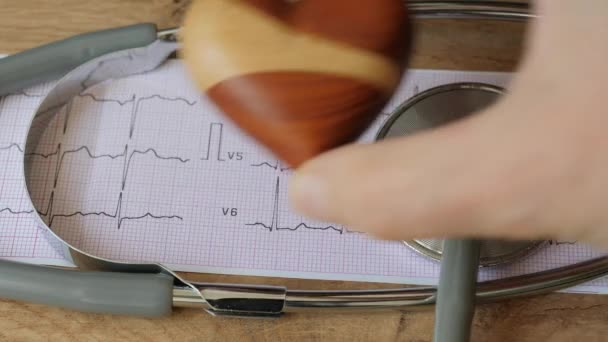 Placing Wooden Hearth Next Electrocardiogram Medical Stethoscope Cardiology Heart Health — Stock Video