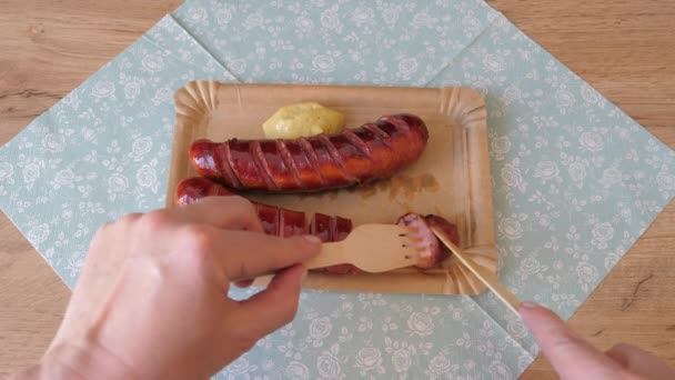 Comida Piquenique Comer Salsichas Grelhadas — Vídeo de Stock