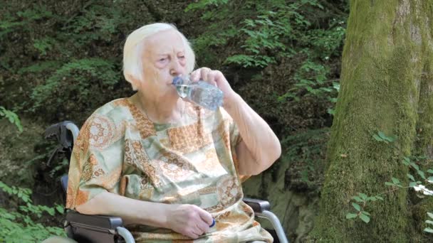 Senior Kvinna Dricker Vatten Varm Sommardag Resa Till Skogen — Stockvideo