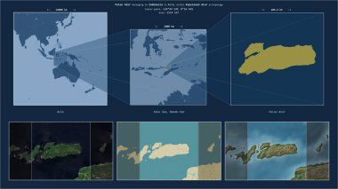 Pulau Alor in the Savu Sea - belonging to Indonesia. Described location diagram with yellow shape of the island and sample maps of its surroundings clipart