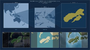 Endonezya 'ya ait Banda Denizi' ndeki Pulau Ambon. Adanın sarı şekli ve çevresinin örnek haritalarıyla tanımlanmış konum diyagramı.