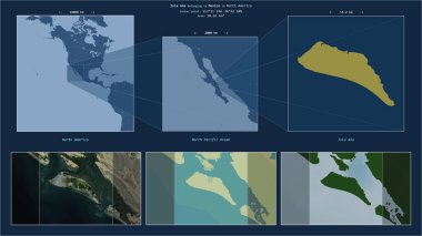 Kuzey Pasifik Okyanusu 'ndaki Ana Adası. Meksika' ya ait. Adanın sarı şekli ve çevresinin örnek haritalarıyla tanımlanmış konum diyagramı.