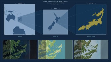 Tasman Denizi 'ndeki Arapawa Adası. Yeni Zelanda' ya ait. Adanın sarı şekli ve çevresinin örnek haritalarıyla tanımlanmış konum diyagramı.
