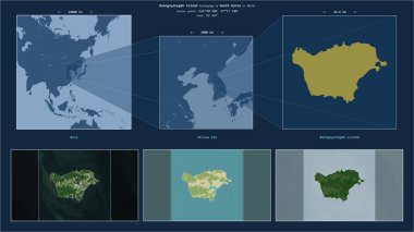 Baengnyeongdo Island in the Yellow Sea - belonging to South Korea. Described location diagram with yellow shape of the island and sample maps of its surroundings clipart
