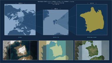Barents Denizi 'ndeki Barentsya Adası. Norveç' e ait. Adanın sarı şekli ve çevresinin örnek haritalarıyla tanımlanmış konum diyagramı.