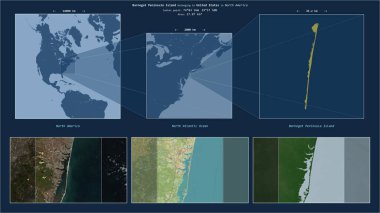Amerika Birleşik Devletleri 'ne ait Kuzey Atlantik Okyanusu' ndaki Barnegat Yarımadası Adası. Adanın sarı şekli ve çevresinin örnek haritalarıyla tanımlanmış konum diyagramı.