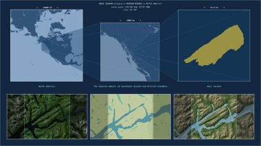 Güneydoğu Alaska 'nın Sahil Suları' ndaki Bell Adası ve Birleşik Devletler 'e ait British Columbia. Adanın sarı şekli ve çevresinin örnek haritalarıyla tanımlanmış konum diyagramı.