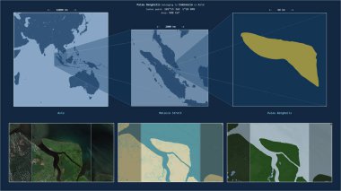 Endonezya 'ya ait Malacca Boğazı' ndaki Pulau Bengkalis. Adanın sarı şekli ve çevresinin örnek haritalarıyla tanımlanmış konum diyagramı.