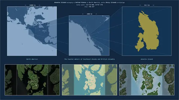 stock image Annette Island in the The Coastal Waters of Southeast Alaska and British Columbia - belonging to United States. Described location diagram with yellow shape of the island and sample maps of its surroundings