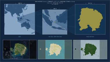 Endonezya 'ya ait Java Denizi' ndeki Pulau Billiton. Adanın sarı şekli ve çevresinin örnek haritalarıyla tanımlanmış konum diyagramı.