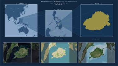 Bohol Island in the Philippine Sea - belonging to Philippines. Described location diagram with yellow shape of the island and sample maps of its surroundings clipart