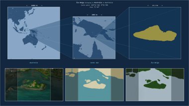 Avustralya 'ya ait Mercan Denizi' ndeki Ile Boigu. Adanın sarı şekli ve çevresinin örnek haritalarıyla tanımlanmış konum diyagramı.