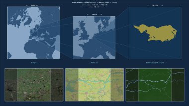 Kuzey Denizi 'ndeki Bommelerwaard Adası. Hollanda' ya ait. Adanın sarı şekli ve çevresinin örnek haritalarıyla tanımlanmış konum diyagramı.