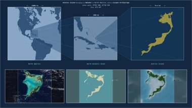 Acklins Island in the North Atlantic Ocean - belonging to Bahamas. Described location diagram with yellow shape of the island and sample maps of its surroundings clipart