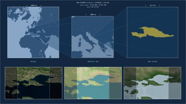 Adriyatik Denizi 'ndeki Bua Adası - Hırvatistan' a ait. Adanın sarı şekli ve çevresinin örnek haritalarıyla tanımlanmış konum diyagramı.