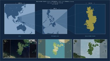 Bucas Grande Island in the Philippine Sea - belonging to Philippines. Described location diagram with yellow shape of the island and sample maps of its surroundings clipart