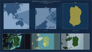 Filipinlere ait Sulu Denizi 'ndeki Bugsuk Adası. Adanın sarı şekli ve çevresinin örnek haritalarıyla tanımlanmış konum diyagramı.
