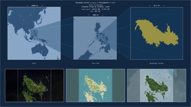 Busuanga Island in the Sulu Sea - belonging to Philippines. Described location diagram with yellow shape of the island and sample maps of its surroundings clipart