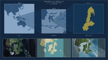 Banda Denizi 'ndeki Buton Adası. Endonezya' ya ait. Adanın sarı şekli ve çevresinin örnek haritalarıyla tanımlanmış konum diyagramı.