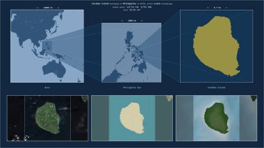 Filipin Denizi 'ndeki Carabao Adası. Filipinlere ait. Adanın sarı şekli ve çevresinin örnek haritalarıyla tanımlanmış konum diyagramı.