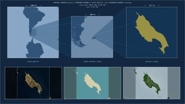 Falkland Adaları 'na ait Güney Atlantik Okyanusu' ndaki Carcass Adası. Adanın sarı şekli ve çevresinin örnek haritalarıyla tanımlanmış konum diyagramı.