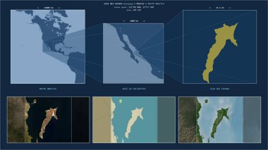 California Körfezi 'ndeki Isla del Carmen. Meksika' ya ait. Adanın sarı şekli ve çevresinin örnek haritalarıyla tanımlanmış konum diyagramı.