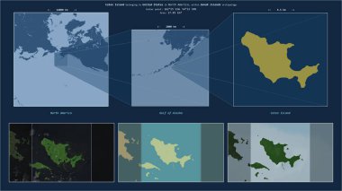 Caton Island in the Gulf of Alaska - belonging to United States. Described location diagram with yellow shape of the island and sample maps of its surroundings clipart