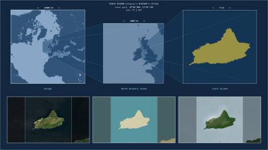 Clare Island in the North Atlantic Ocean - belonging to Ireland. Described location diagram with yellow shape of the island and sample maps of its surroundings clipart