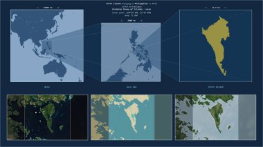 Coron Island in the Sulu Sea - belonging to Philippines. Described location diagram with yellow shape of the island and sample maps of its surroundings clipart