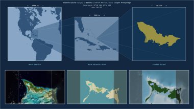 Kuzey Atlantik Okyanusu 'nda Bahamalar' a ait eğri bir ada. Adanın sarı şekli ve çevresinin örnek haritalarıyla tanımlanmış konum diyagramı.